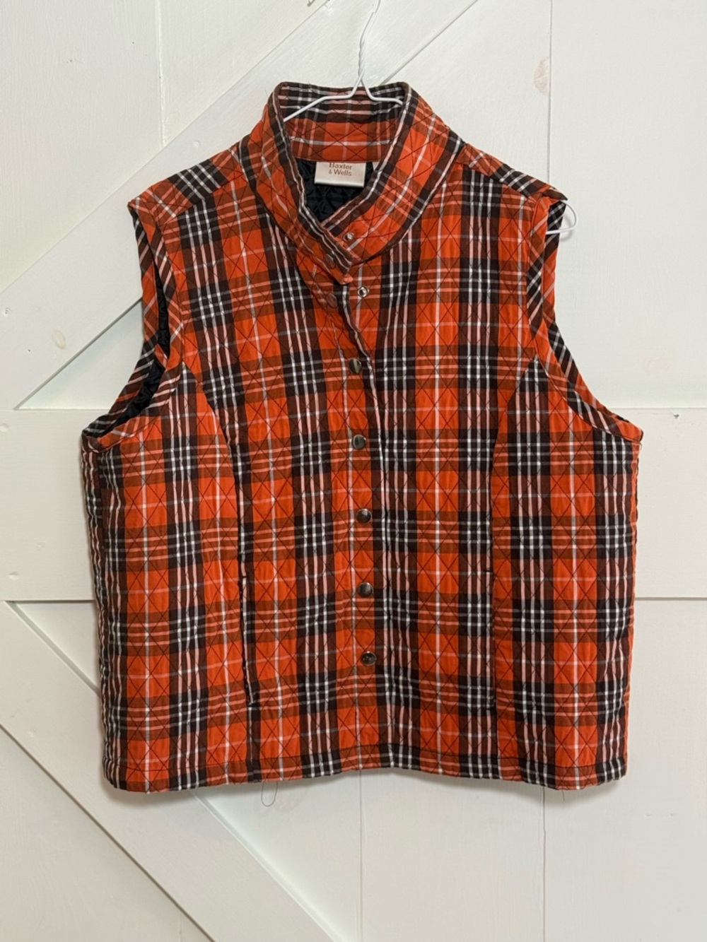 Baxter & Wells Plaid Quilted Vest Large Orange Brown Pockets
